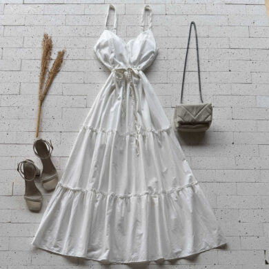 Dondoca_com_br Vestido Midi Tricoline Com Cinto Trancado Off