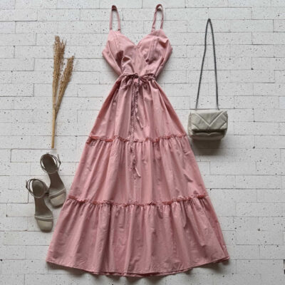 Dondoca_com_br Vestido Midi Tricoline Com Cinto Trancado Rose