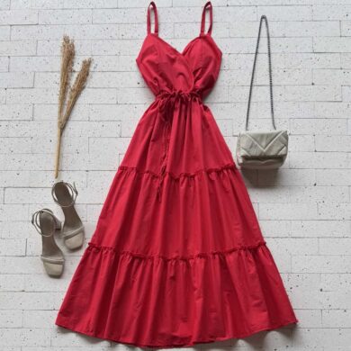 Dondoca_com_br Vestido Midi Tricoline Com Cinto Trancado Vermelho