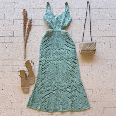 Dondoca_com_br Vestido Trico Longuete Gola V E Abertura Na Cintura Menta