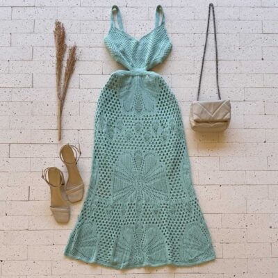 Dondoca_com_br Vestido Trico Longuete Gola V E Abertura Na Cintura Menta