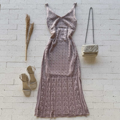 Dondoca_com_br Vestido Trico Midi Detalhado Com Fenda Bege