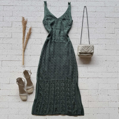 Dondoca_com_br Vestido Trico Midi Detalhado Com Fenda Verde