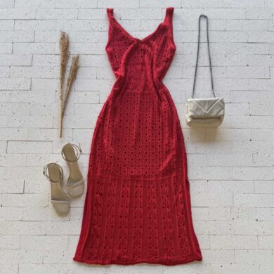 Dondoca_com_br Vestido Trico Midi Detalhado Com Fenda Vermelho