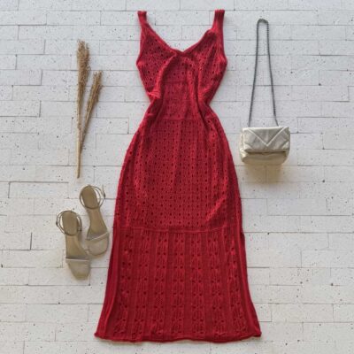 Dondoca_com_br Vestido Trico Midi Detalhado Com Fenda Vermelho