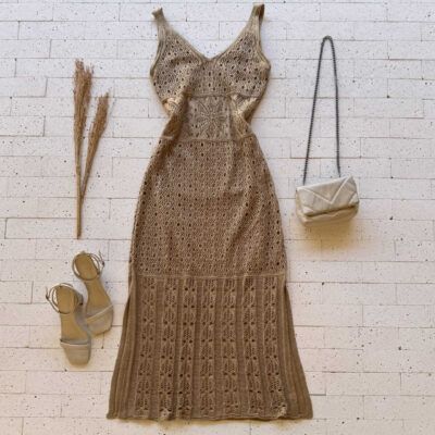 Dondoca_com_br Vestido Trico Midi Detalhe Lurex Com Fenda Caramelo