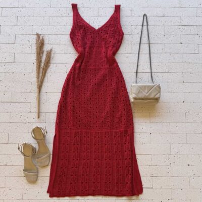 Dondoca_com_br Vestido Trico Midi Detalhe Lurex Com Fenda Vermelho