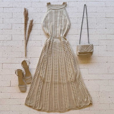 Dondoca_com_br Vestido Trico Midi Sem Decote E Ponto Detalhado Creme