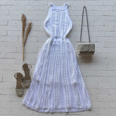 Dondoca_com_br Vestido Trico Midi Sem Decote E Ponto Detalhado Off