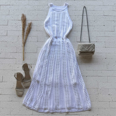 Dondoca_com_br Vestido Trico Midi Sem Decote E Ponto Detalhado Off