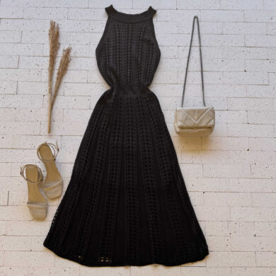 Dondoca_com_br Vestido Trico Midi Sem Decote E Ponto Detalhado Preto