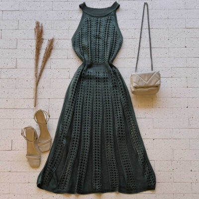 Dondoca_com_br Vestido Trico Midi Sem Decote E Ponto Detalhado Verde