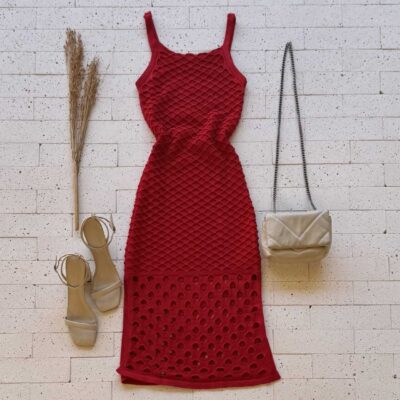 Dondoca_com_br Vestido Trico Midi Trama Colmeia Vermelho