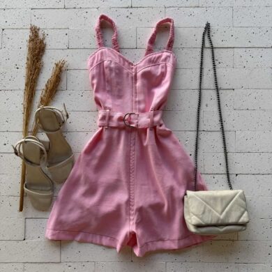 Dondoca_com_br Macaquinho Marrant Alca Drapeada E Cinto Rosa