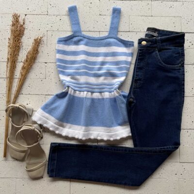 Dondoca_com_br Regata Modal Peplum Bicolor Azul E Off