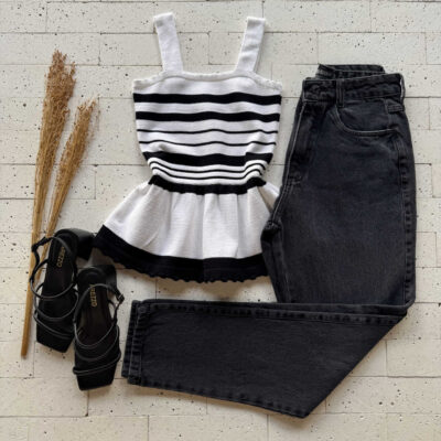 Dondoca_com_br Regata Modal Peplum Bicolor Off E Preto