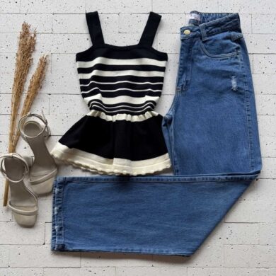 Dondoca_com_br Regata Modal Peplum Bicolor Preto E Creme