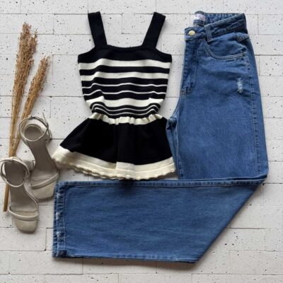 Dondoca_com_br Regata Modal Peplum Bicolor Preto E Creme