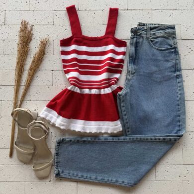 Dondoca_com_br Regata Modal Peplum Bicolor Vermelho E Off