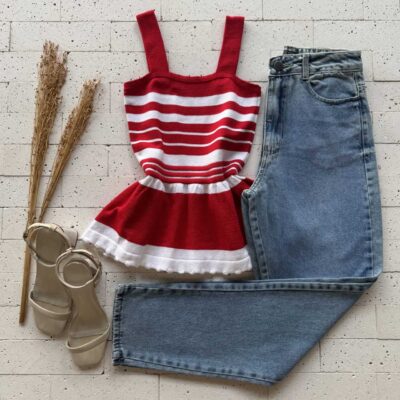 Dondoca_com_br Regata Modal Peplum Bicolor Vermelho E Off