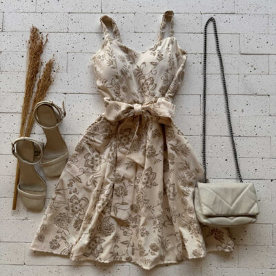 Dondoca_com_br Vestido Bordado Alcinha E Amarracao Fixa Bege Com Nude