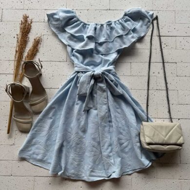 Dondoca_com_br Vestido Ciganinha Bordado Com Amarracao Fixa Azul Claro