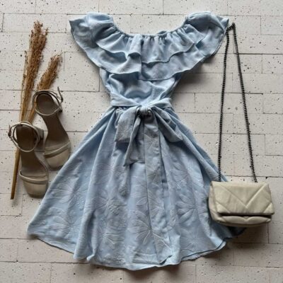 Dondoca_com_br Vestido Ciganinha Bordado Com Amarracao Fixa Azul Claro