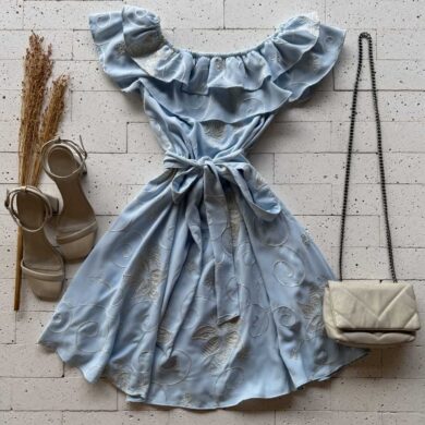 Dondoca_com_br Vestido Ciganinha Bordado Lurex Com Amarracao Fixa Azul Claro