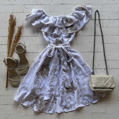 Dondoca_com_br Vestido Ciganinha Bordado Lurex Com Amarracao Fixa Off E Nude