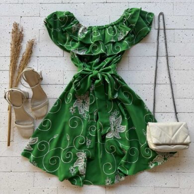 Dondoca_com_br Vestido Ciganinha Bordado Lurex Com Amarracao Fixa Verde Bandeira