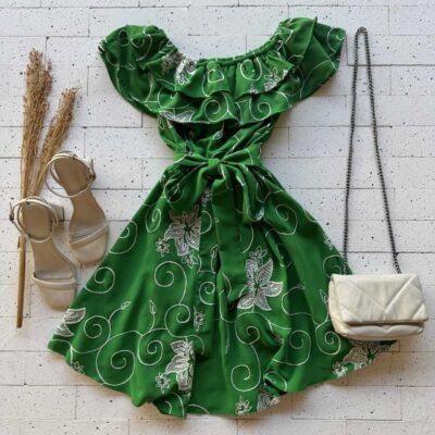 Dondoca_com_br Vestido Ciganinha Bordado Lurex Com Amarracao Fixa Verde Bandeira