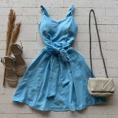 Dondoca_com_br Vestido Crepe Detalhado Alcinha E Cinto Faixa Azul 2