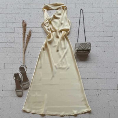 Dondoca_com_br Vestido Longuete Acetinado Com Gola Lenco Amarelo