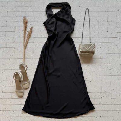 Dondoca_com_br Vestido Longuete Acetinado Com Gola Lenco Preto