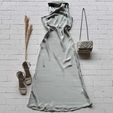 Dondoca_com_br Vestido Longuete Acetinado Com Gola Lenco Verde