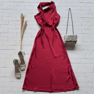 Dondoca_com_br Vestido Longuete Acetinado Com Gola Lenco Vermelho