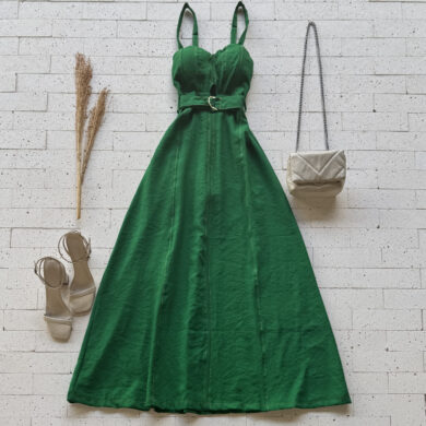 Dondoca_com_br Vestido Longuete Marrant Detalhe Abertura E Cinto Verde