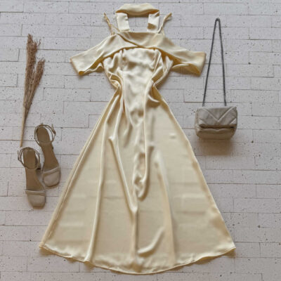 Dondoca_com_br Vestido Midi Acetinado Com Lenco No Pescoco Amarelo