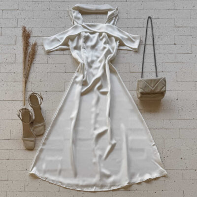 Dondoca_com_br Vestido Midi Acetinado Com Lenco No Pescoco Off