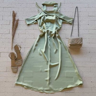 Dondoca_com_br Vestido Midi Acetinado Com Lenco No Pescoco Verde