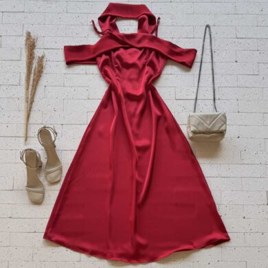 Dondoca_com_br Vestido Midi Acetinado Com Lenco No Pescoco Vermelho