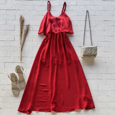 Dondoca_com_br Vestido Midi Com Babado No Busto Vermelho