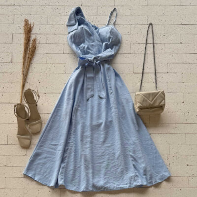 Dondoca_com_br Vestido Midi Marrant Com Laco No Ombro E Cinto Faixa Azul