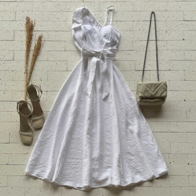 Dondoca_com_br Vestido Midi Marrant Com Laco No Ombro E Cinto Faixa Off