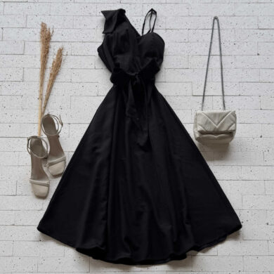 Dondoca_com_br Vestido Midi Marrant Com Laco No Ombro E Cinto Faixa Preto