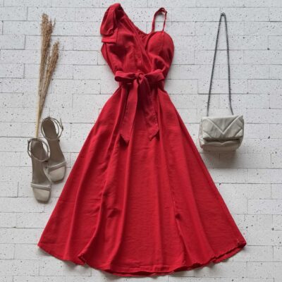 Dondoca_com_br Vestido Midi Marrant Com Laco No Ombro E Cinto Faixa Vermelho Vivo