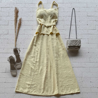 Dondoca_com_br Vestido Midi Marrant Detalhe Sobreposto E Cinto Faixa Amarelo