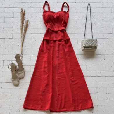 Dondoca_com_br Vestido Midi Marrant Detalhe Sobreposto E Cinto Faixa Vermelho