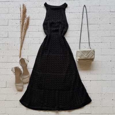 Dondoca_com_br Vestido Midi Trico Detalhado Soltinho Preto