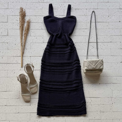 Dondoca_com_br Vestido Trico Midi Detalhado Marinho